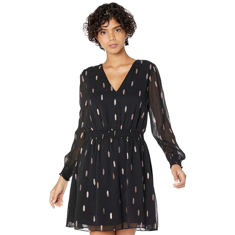 1.STATE Foil Print Long Sleeve Chiffon Dress In Rich Black | Size Large