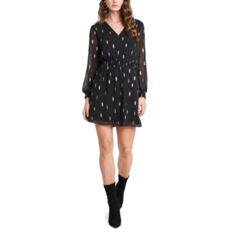 1.STATE Foil Print Long Sleeve Chiffon Dress In Rich Black | Size Large