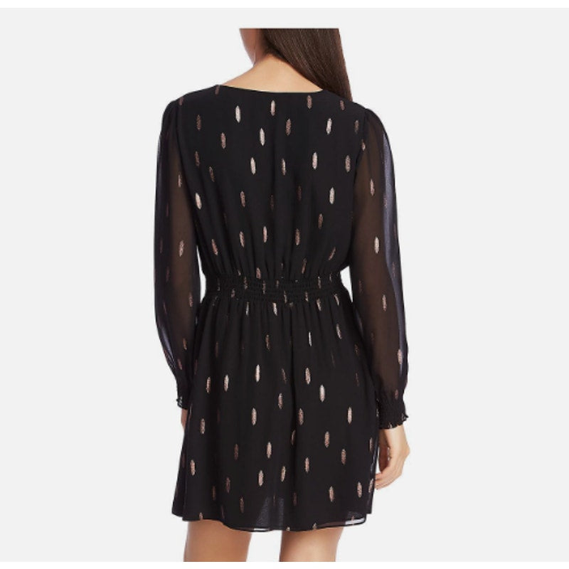 1.STATE Foil Print Long Sleeve Chiffon Dress In Rich Black | Size Large