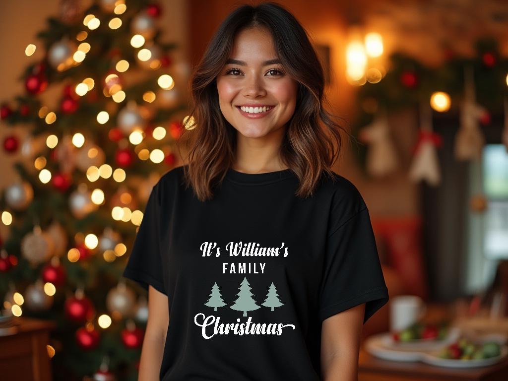 Family Christmas Shirt Personalized Holiday Photo Outfit Custom Name T-Shirt Plus Size Matching Festive Wear Reunion Gift Purple Tree Design Christmas Party Wear Family Name Gift