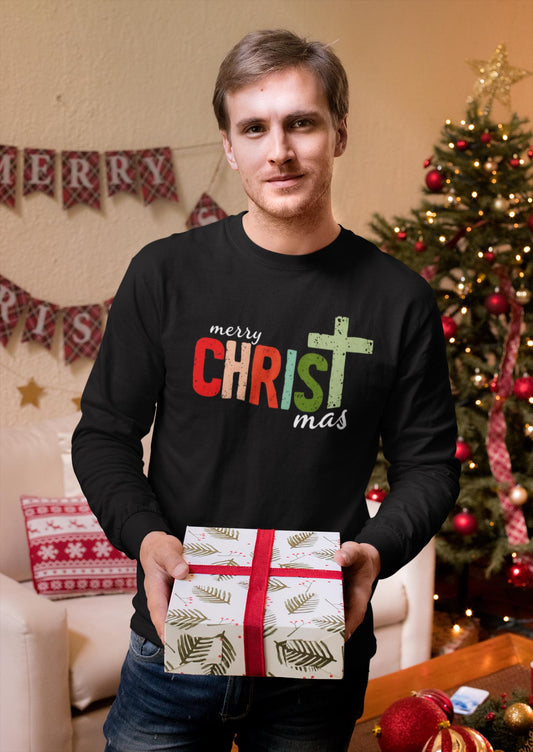 Christian Christmas Long Sleeve Tshirt Merry CHRISTmas Design Religious Holiday Apparel Faith Winter Wear Church Outfit Christ Gift Christmas Message Clothing Christian Fashion