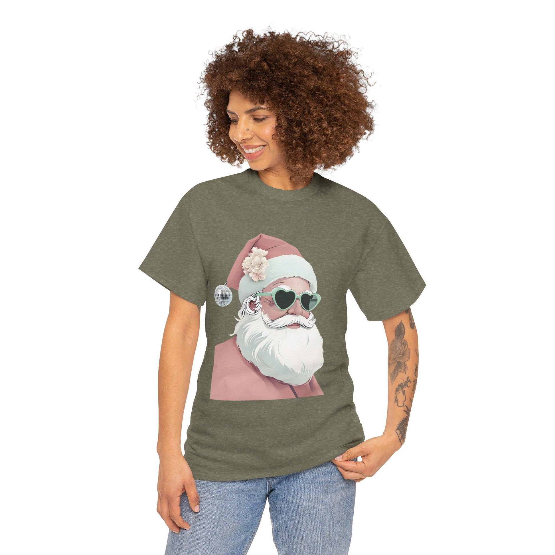 Santa in Pink Santa Hat Unisex Heavy Cotton Tee, Christmas Shirt, Holiday Apparel, Funny Festive Top, Xmas Gift Shirt, Novelty Tee