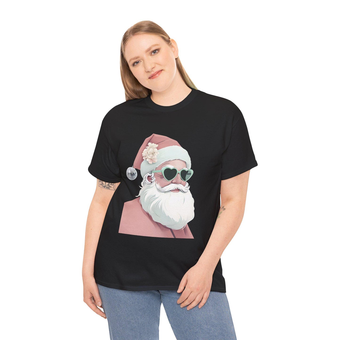 Santa in Pink Santa Hat Unisex Heavy Cotton Tee, Christmas Shirt, Holiday Apparel, Funny Festive Top, Xmas Gift Shirt, Novelty Tee