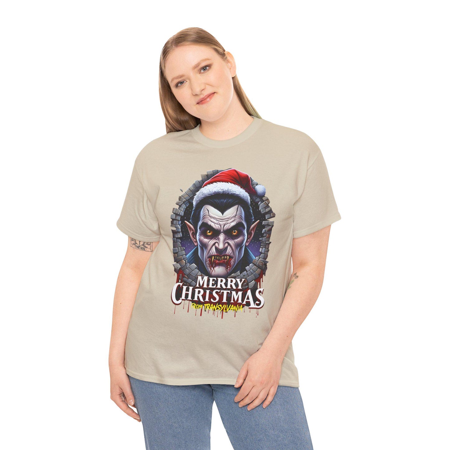 Dracula Santa Hat Christmas Tee, Vampire Xmas Shirt Gift, Gothic Transylvania Holiday Top, Funny Horror Costume Clothing, Halloween Humor