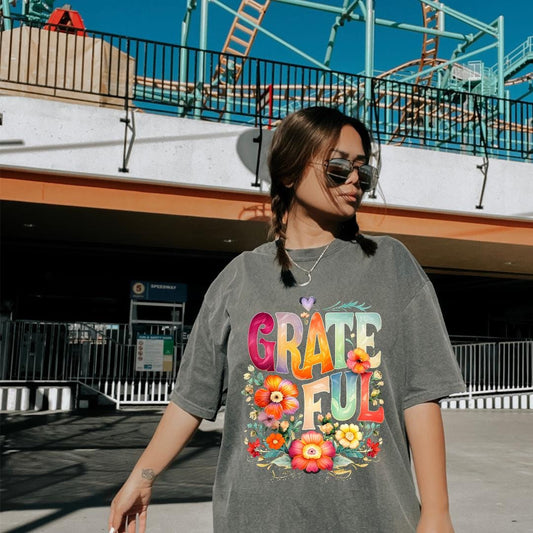 Grateful T-Shirt Gratitude Clothing Rainbow Letters Shirt Positive Message Tee Boho Graphic Tee Floral T-Shirt Mindfulness Apparel Self Care Clothing Plus Size Graphic Tee