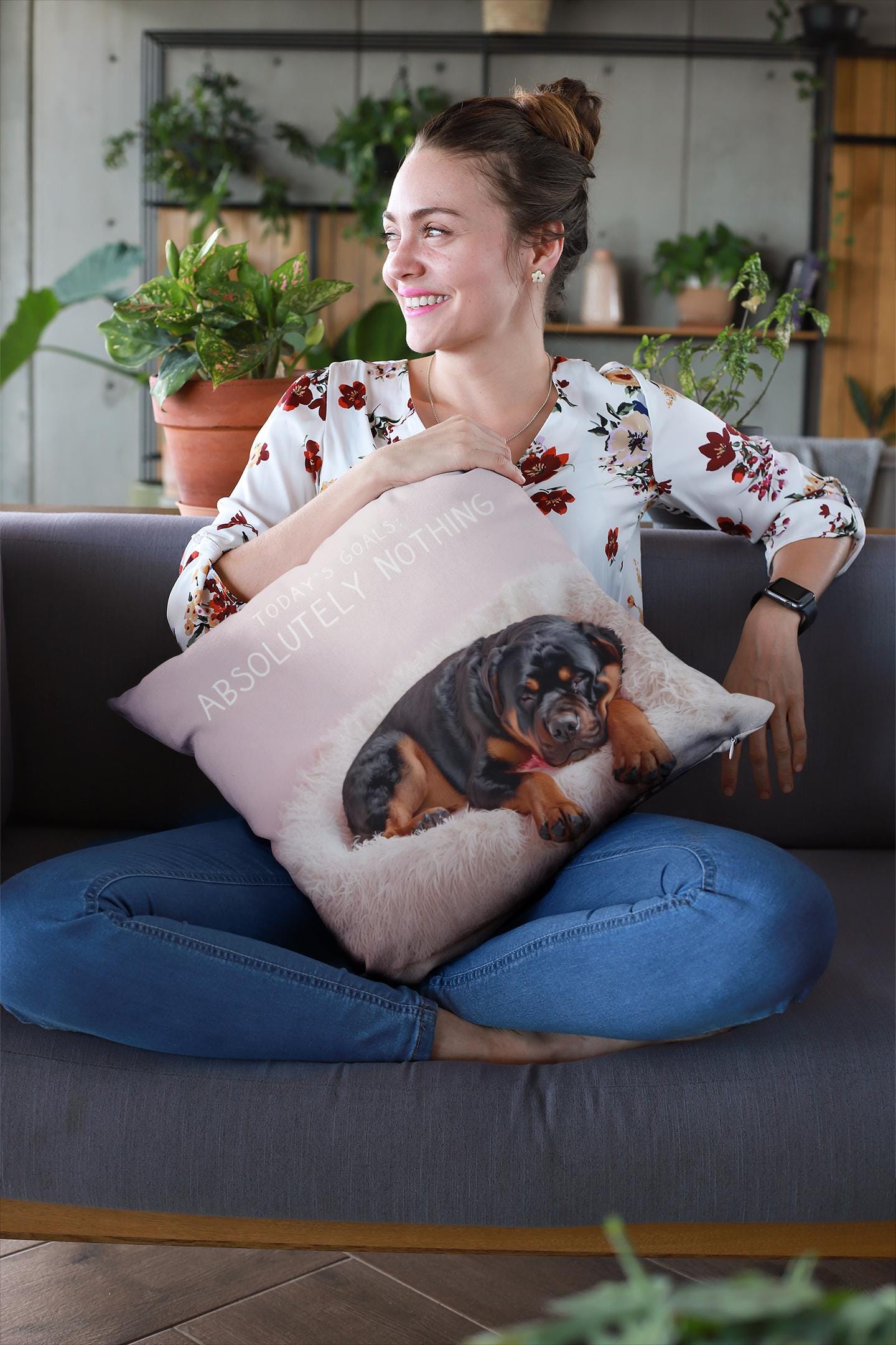 Pillow, Funny Pit Bull Quote Today's Goals: Absolutely nothing, Spun Polyester Square Pillow for Dog Lovers, Home Decor, Sofa Accent, Living