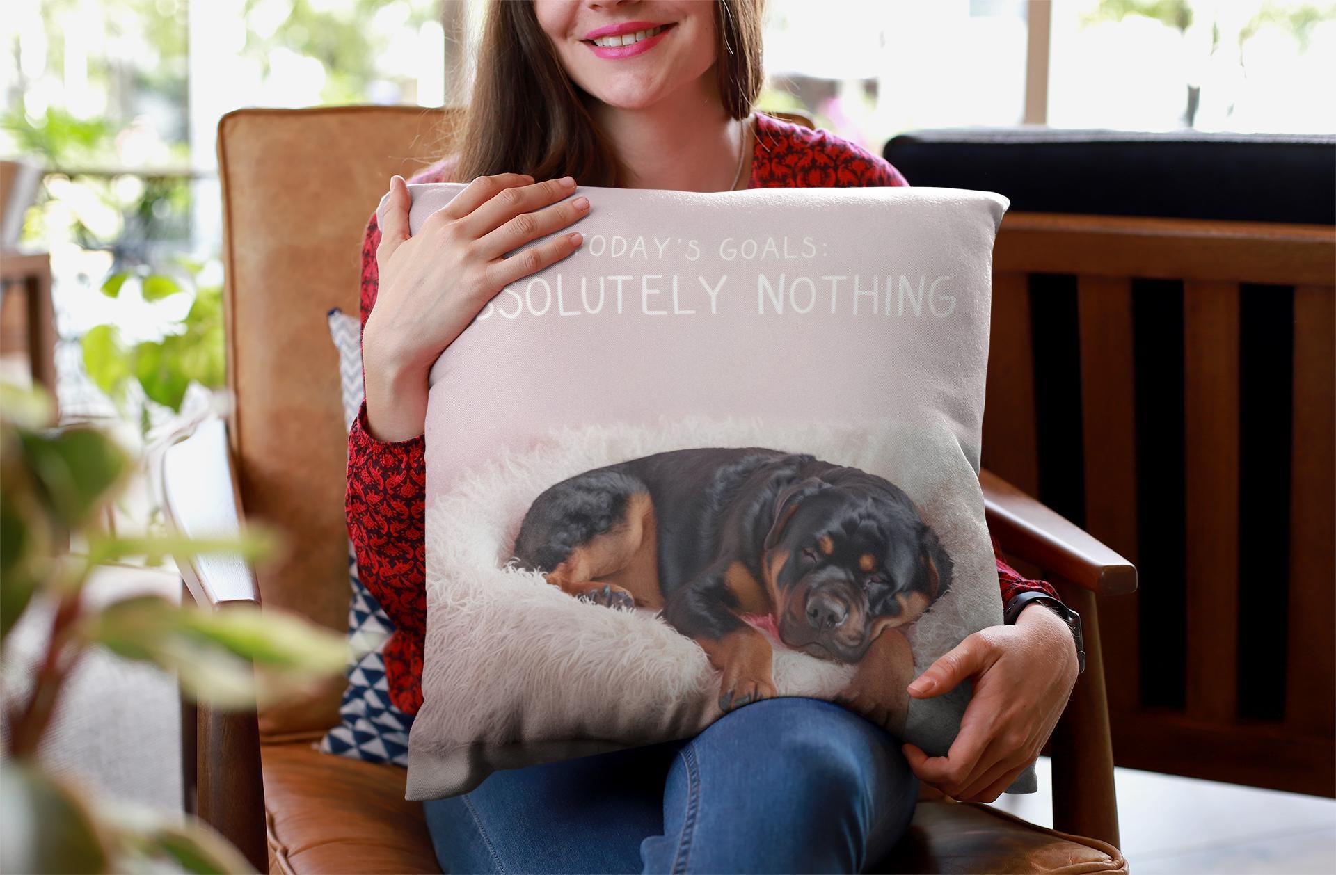 Pillow, Funny Pit Bull Quote Today's Goals: Absolutely nothing, Spun Polyester Square Pillow for Dog Lovers, Home Decor, Sofa Accent, Living